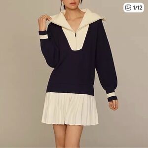 Anthropologie Maeve Flat White Varsity Sweater Twofer Mini Dress | size 6